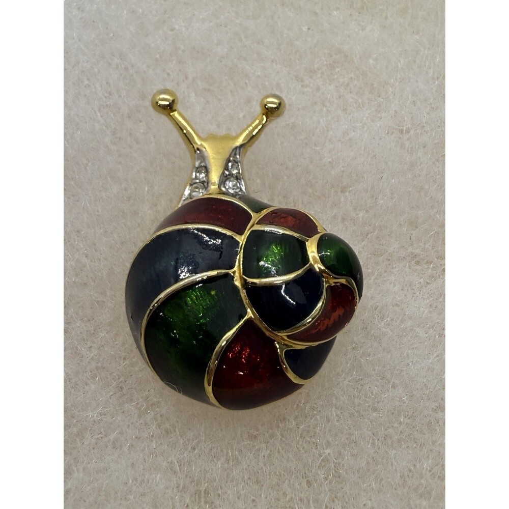 Vintage‎ Snail, Womens Brooch, Enamel, Cloisonne, Rhinestones, Gold Tone Spring